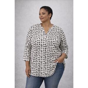 Talbots Cream & Black Skeleton Key pattern Long Sleeve V-Neck Henley Women 2X